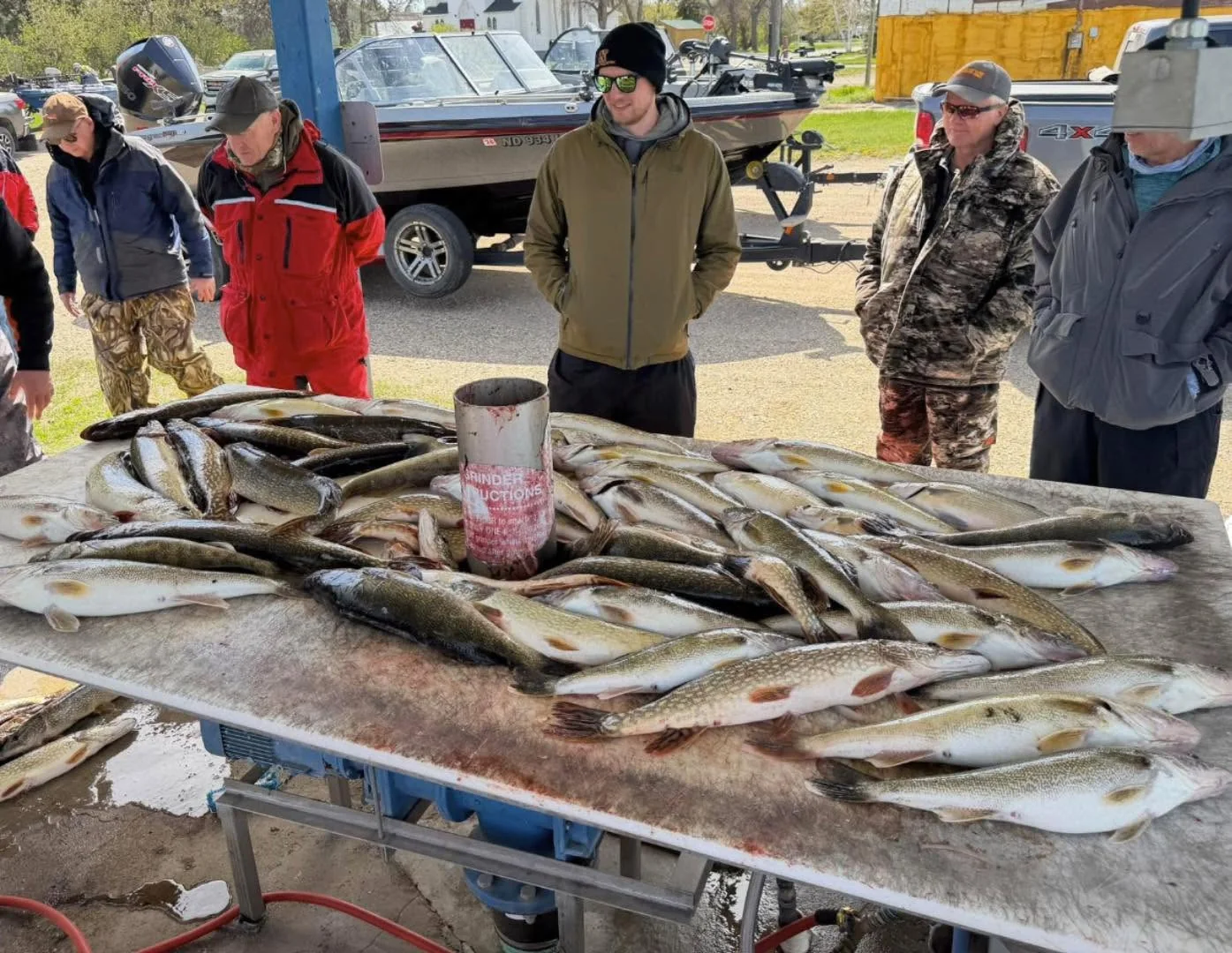 A successful fishing day with a large catch laid out for cleaning